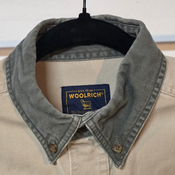 Vintage WOOLRICH Tan Long Sleeve Button Shirt Olive Collar Pockets XL Utility - Picture 9 of 13